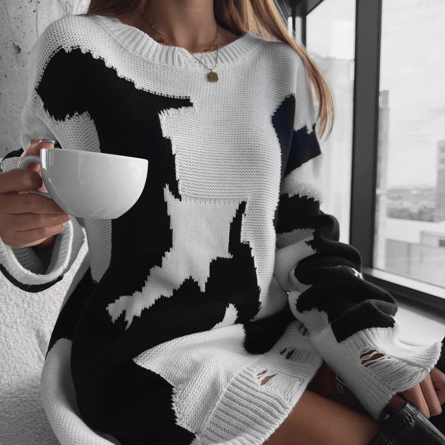 Damen Oversized Pullover Grobgestrickt Grafikdesign