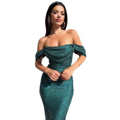 Damen Abendkleid Schulterfrei Glitzernd Eveloria
