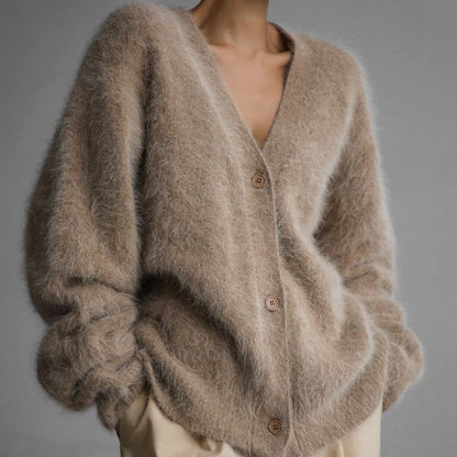 Damen Strickjacke V-Ausschnitt Knöpfe Flauschig Grau Eveloria - Eveloria
