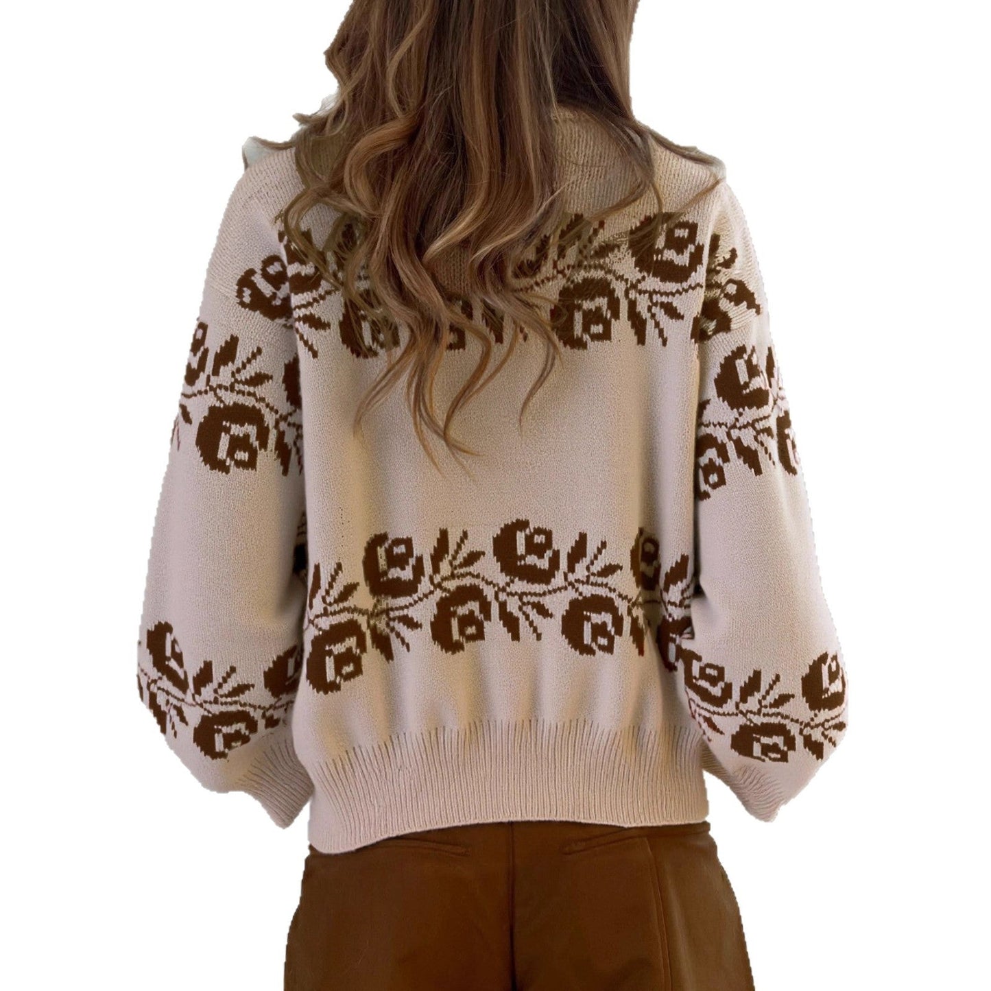 Damen Strickpullover Florales Muster Hochkragen