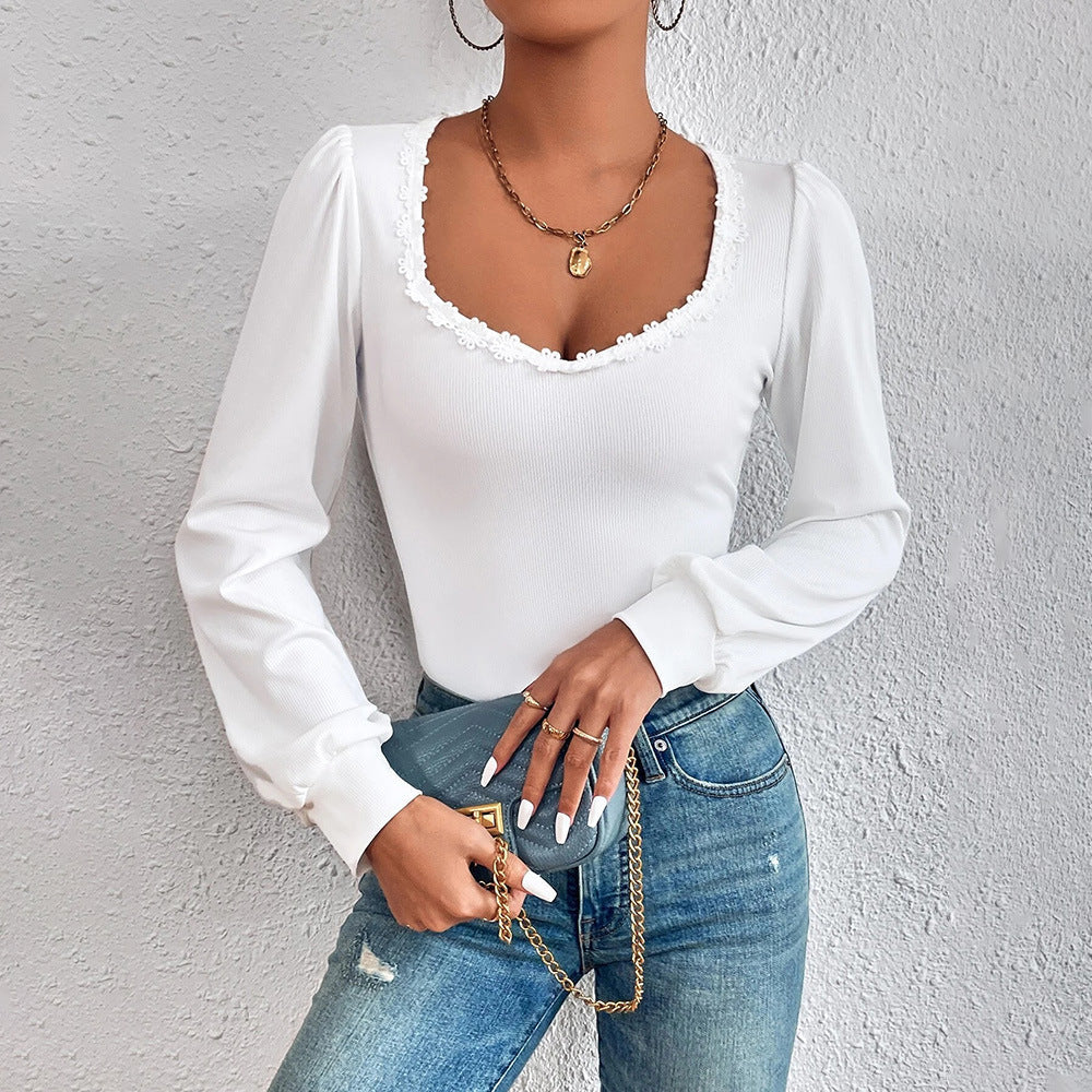 Damen Langarmshirt Rüschendekoration Tailliert Elegant Weiße Farbe - Eveloria