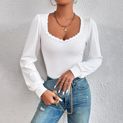 Damen Langarmshirt Rüschendekoration Tailliert Elegant Weiße Farbe - Eveloria