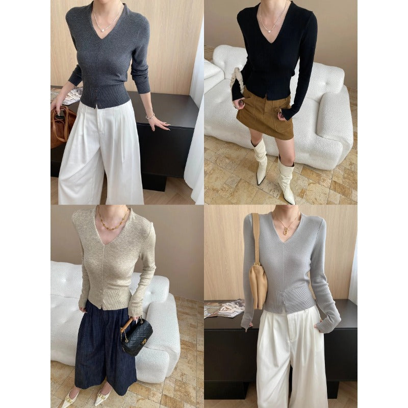 Damen Strickpullover V-Ausschnitt Feinripp mit Knöpfen und schmalen