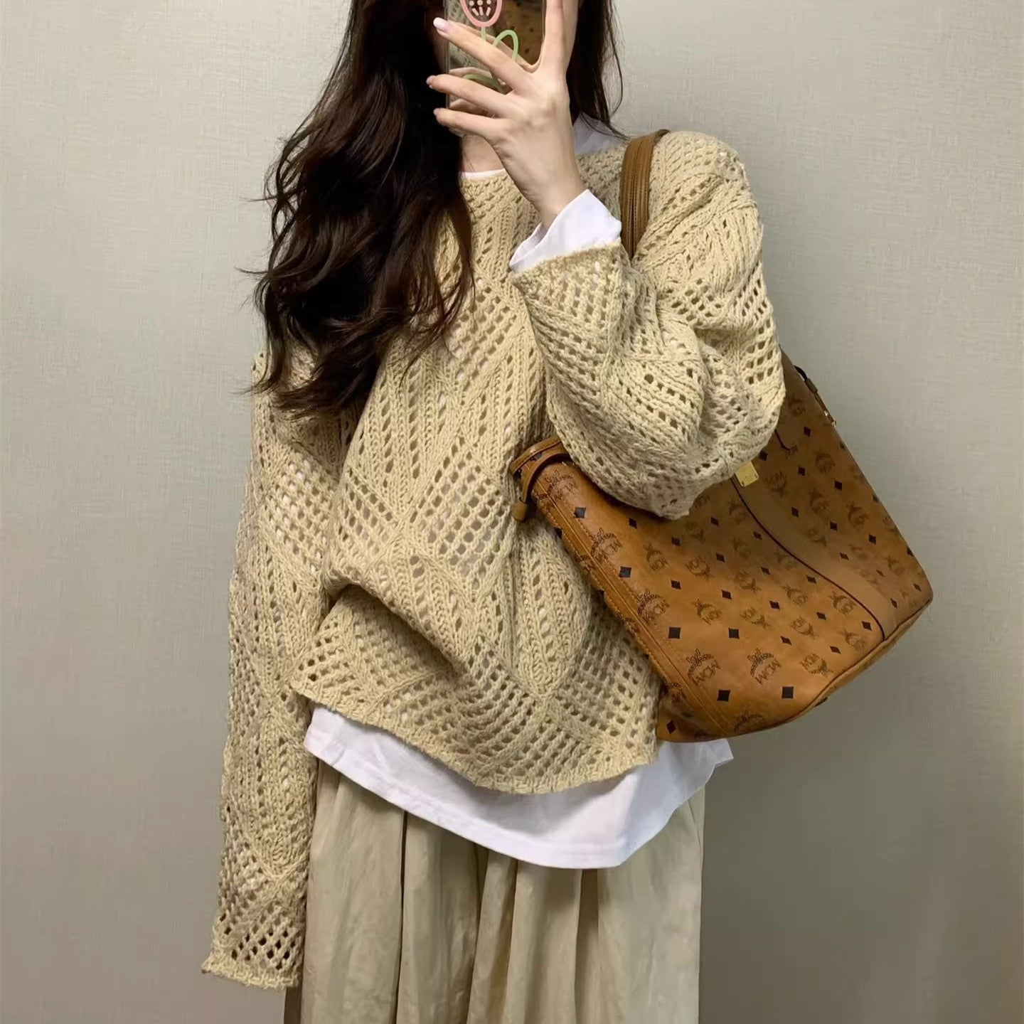 Damen Strickpullover Luftig Netzdesign Beige - Eveloria