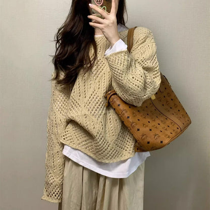 Damen Strickpullover Luftig Netzdesign Beige - Eveloria