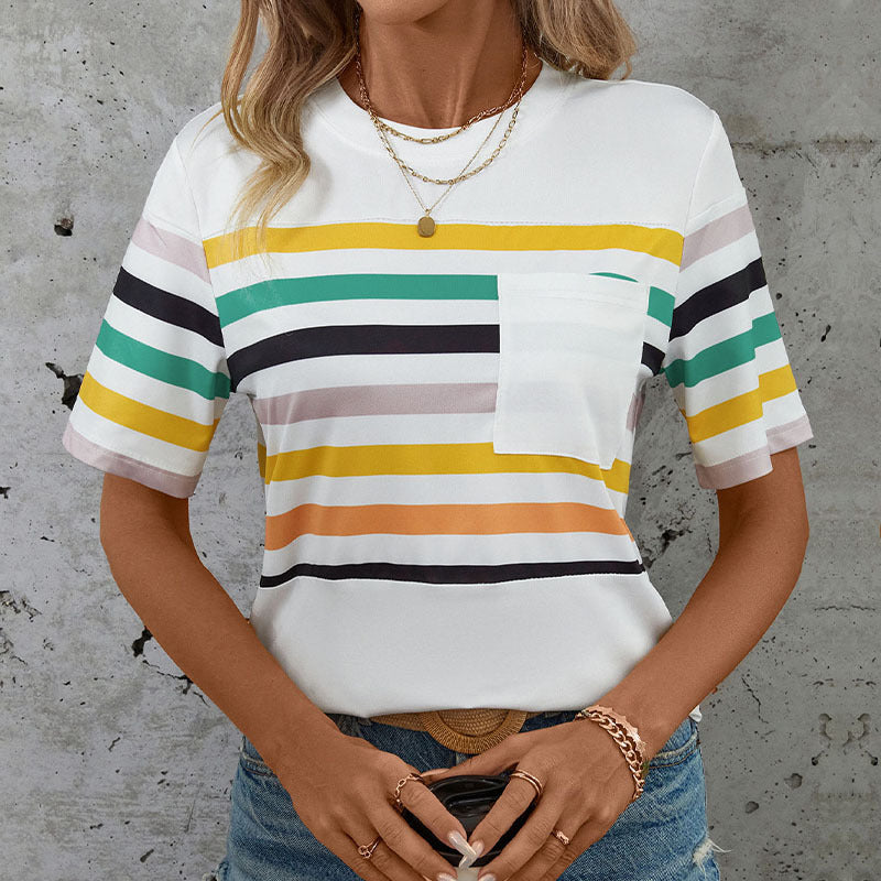 Damen T-Shirt Kurzarm Streifenmuster mit Brusttasche Bunt