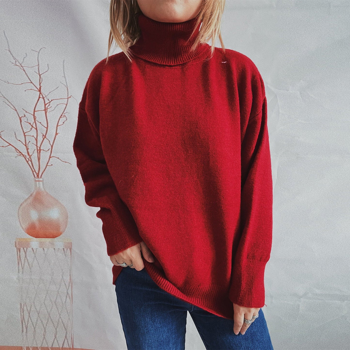 Damen Grobstrickpullover Hoher Kragen Locker Damen Pullover