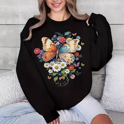 Damen Langarm Sweatshirt Floralmuster Schmetterling Druck Eveloria - Eveloria