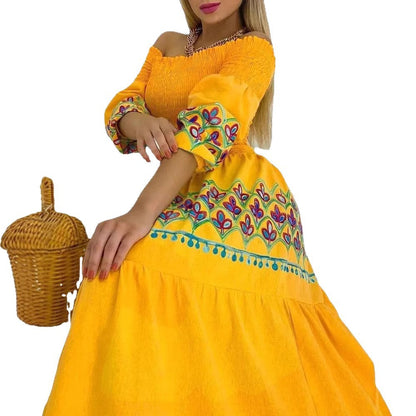 Damen Maxikleid Schulterfrei Stickerei Boho-Stil