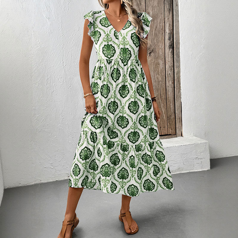 Damen Maxikleid Volantärmel Floralmuster Eveloria - Eveloria