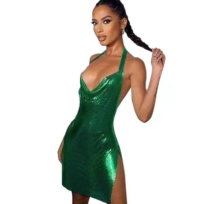 Damen Minikleid Glitzernd Tiefes Dekolleté Schimmernder Stoff