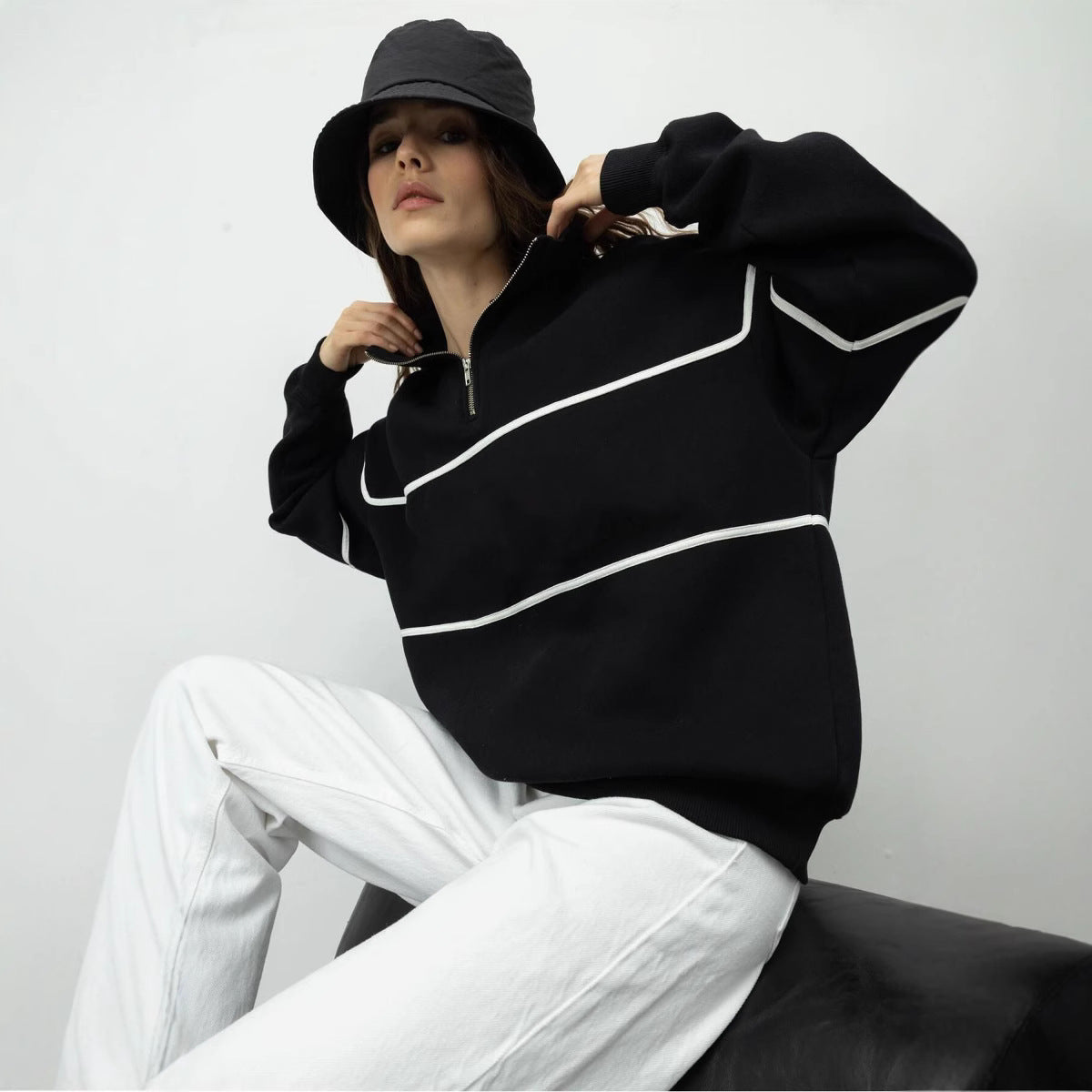 Damen Oversized Kapuzenpullover Streifenmuster Reißverschluss - Eveloria