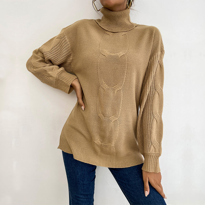Damen Pullover Grobstrick Hochkragen Beige Eveloria