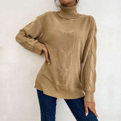 Damen Pullover Grobstrick Hochkragen Beige Eveloria