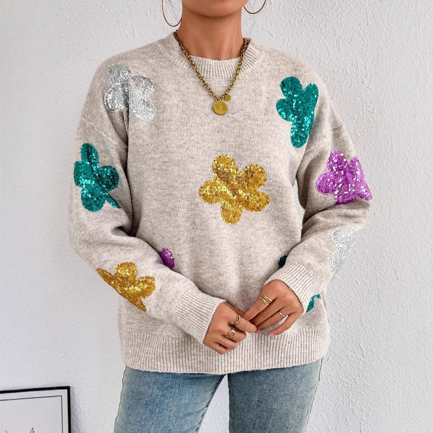 Damen Oversized Pullover Glitzer Floralmuster Eveloria