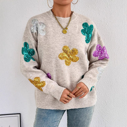 Damen Oversized Pullover Glitzer Floralmuster Eveloria