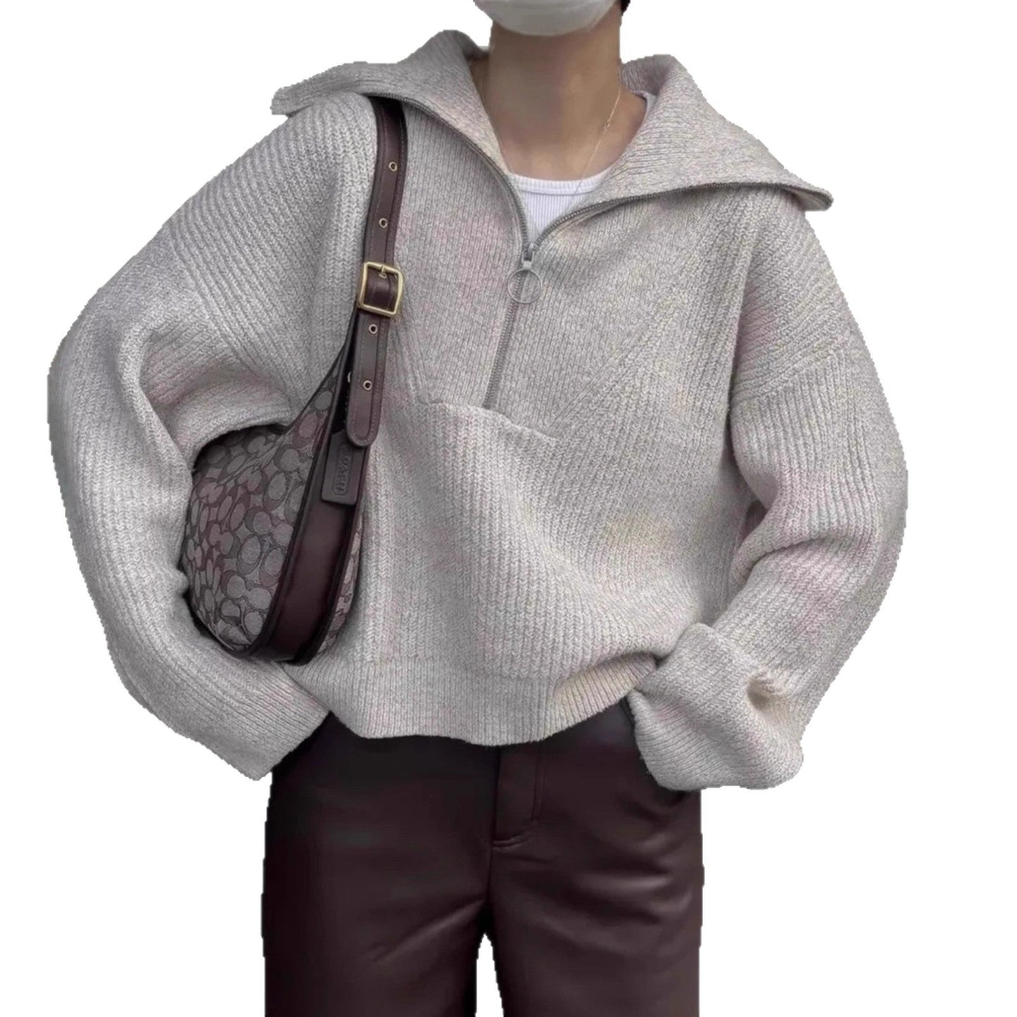 Damen Strickpullover Stehkragen Reißverschluss Grobstrick Eveloria