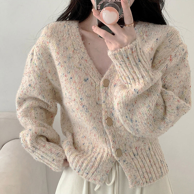 Damen Cardigan Grobstrick V-Ausschnitt Knöpfe Beige - Eveloria