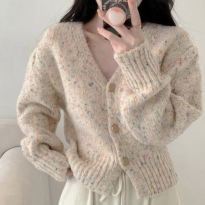 Damen Cardigan Grobstrick V-Ausschnitt Knöpfe Beige - Eveloria