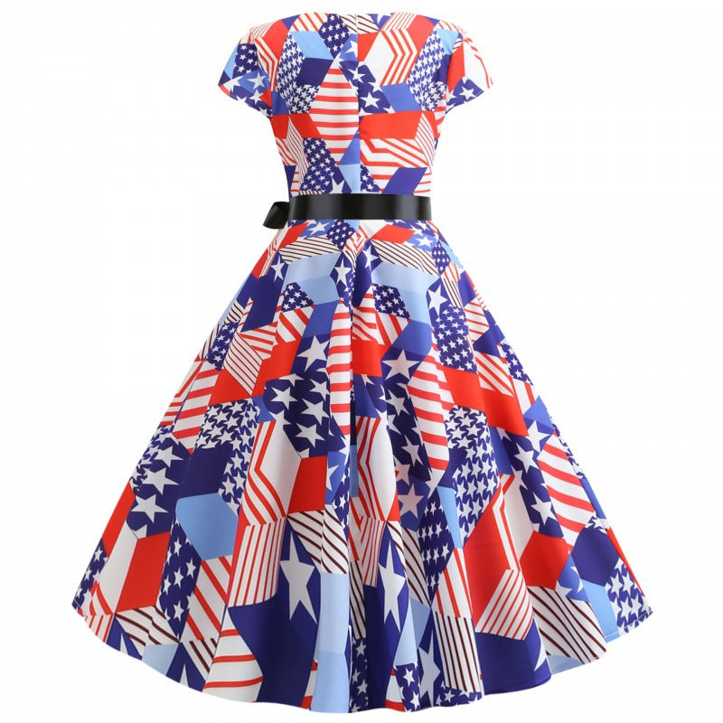 Damen Midikleid Flaggenmuster Elegantes Taillenkleid Bunt