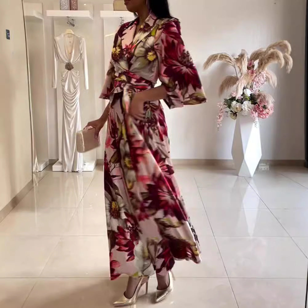 Damen Blumenkleid Tailliert Gürtel Weite Ärmel Eveloria