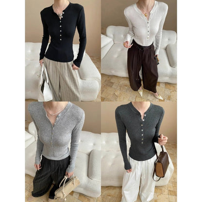 Damen Langarm Henley-Shirt Rippmaterial Knopfleiste Weiss Eveloria