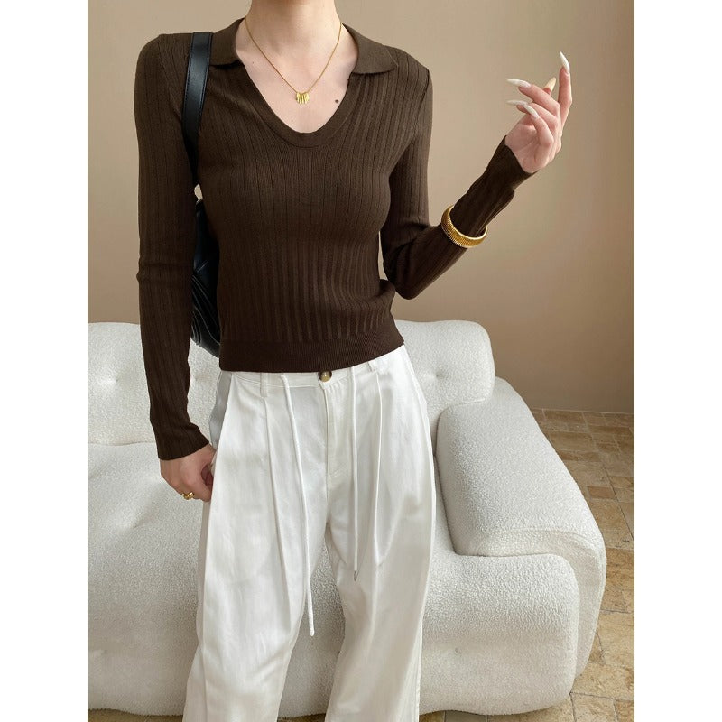 Damen Rippstrickpullover Lang V-Ausschnitt Eveloria