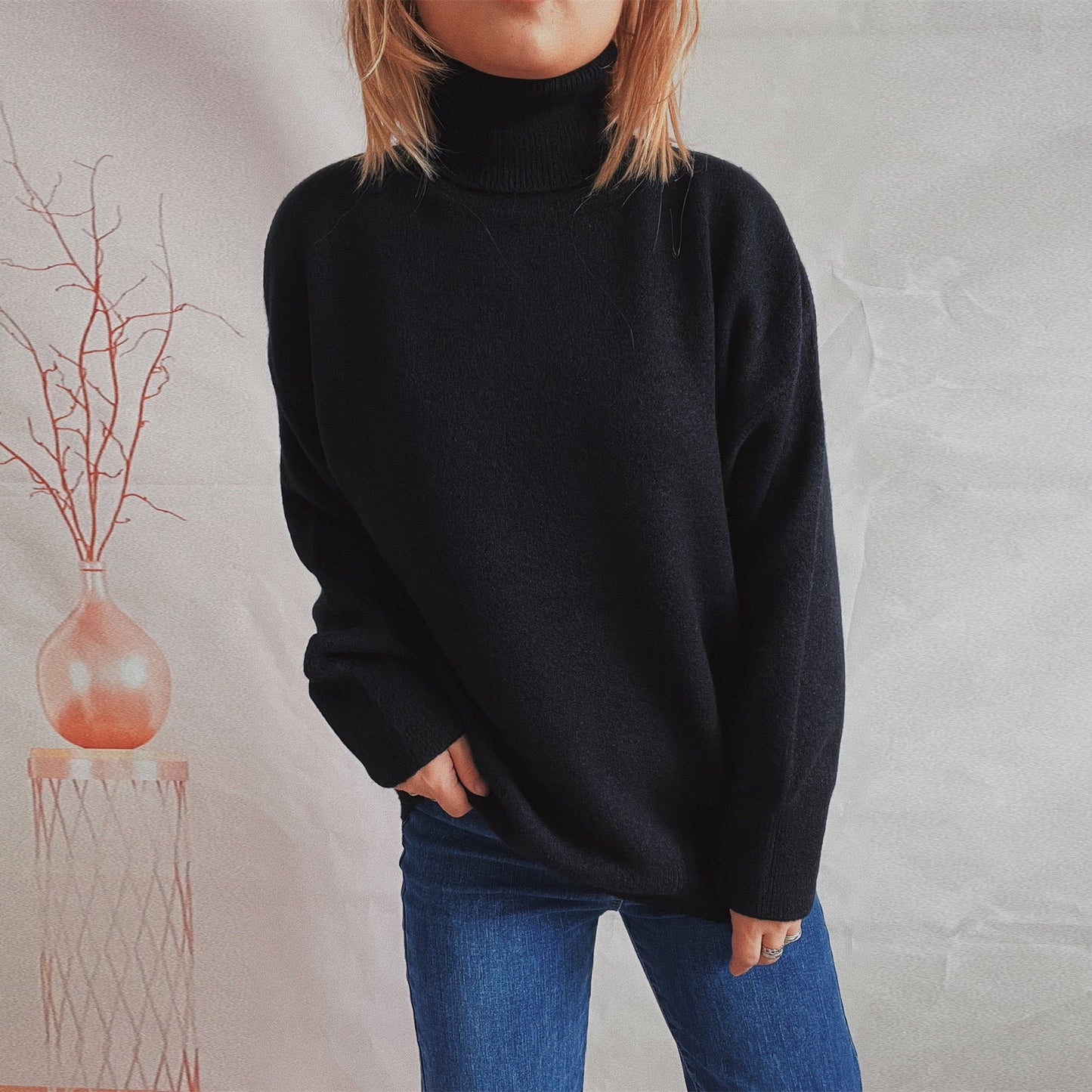 Damen Grobstrickpullover Hoher Kragen Locker Damen Pullover