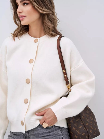 Damen Strickjacke Großknöpfe Lässiger Schnitt Beige Eveloria