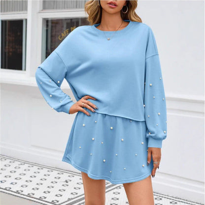 Damen Sweatkleid mit Grübchen Perlen-Applikationen Eveloria