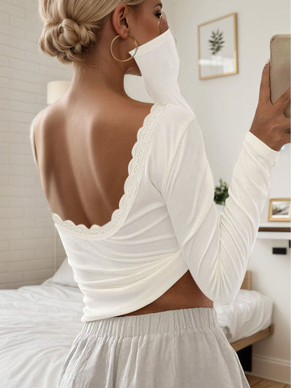 Damen Langarmshirt mit tiefem Rückenausschnitt und Spitzenverzierung
