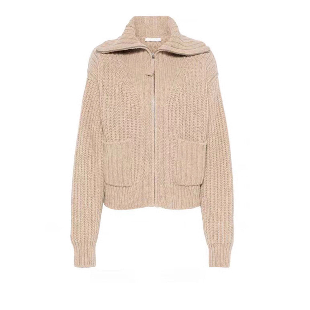Damen Grobstrickpullover Hochkragen Praktische Taschen Eveloria