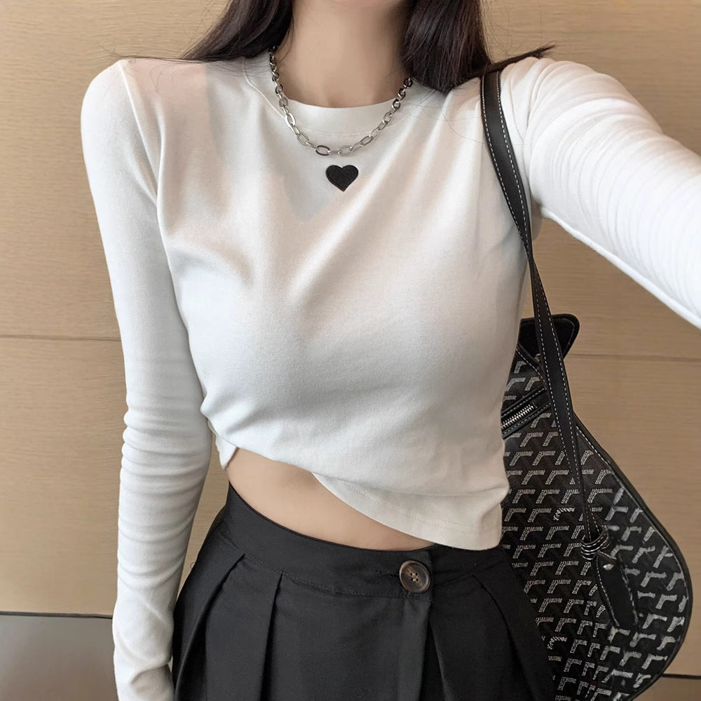 Damen Basic-T-Shirt Langarm mit Herz-Detail Weiss - Eveloria