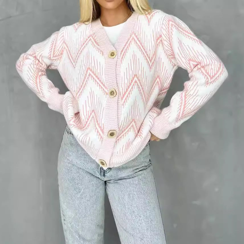Damen Strickjacke Zigzag Muster Knöpfe Anthrazit
