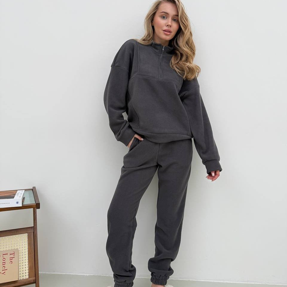 Damen Fleece-Loungewear-Set Hochkragen Elastischer Bund Grau Eveloria