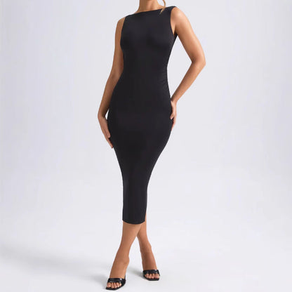 Damen Midi-Kleid Figurbetont Eleganter Ausschnitt Schwarz - Eveloria