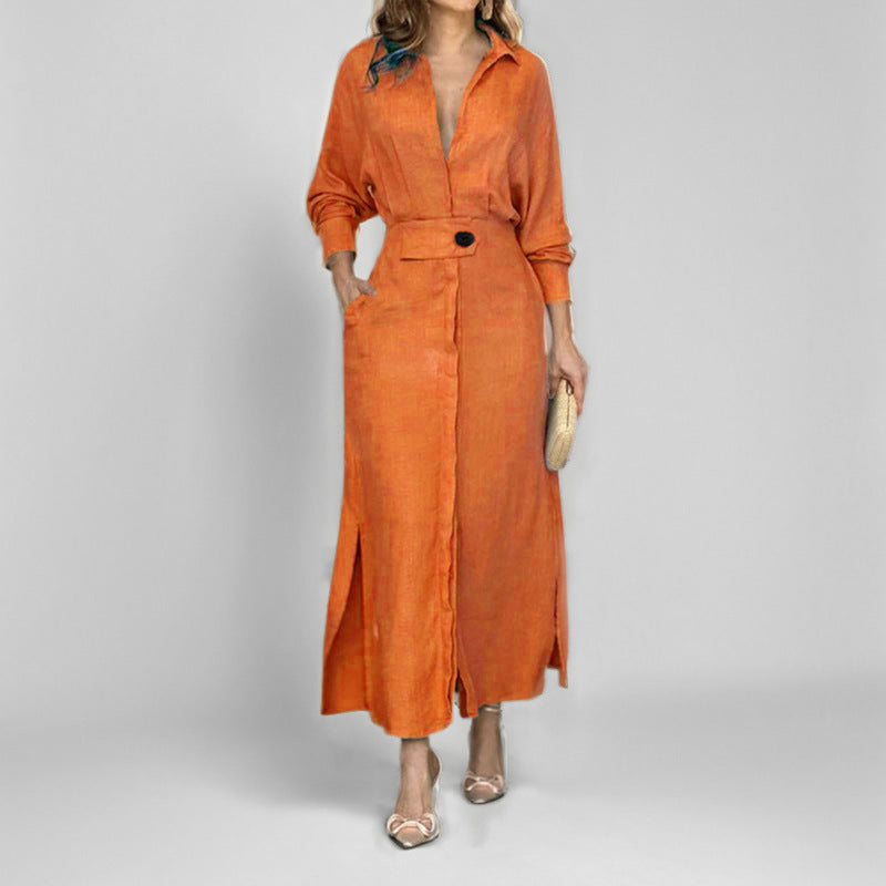 Damen Maxikleid V-Ausschnitt Gürtel Elegantes Eveloria