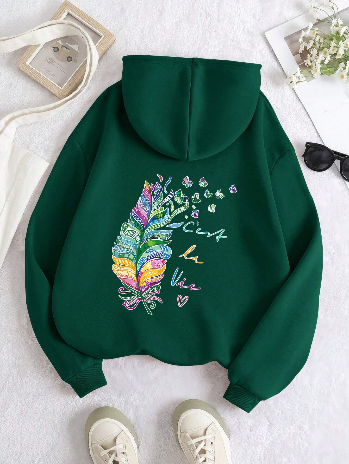 Damen Kapuzenpullover Bunt Federdesign