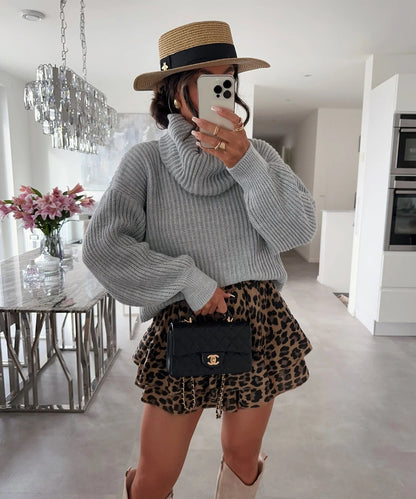 Damen Grobstrickpullover Hochkragen Weitärmelig Eveloria