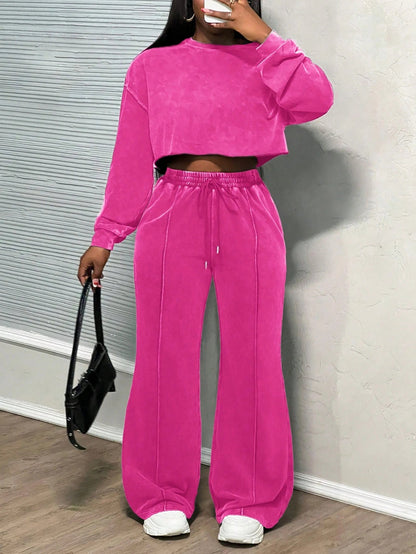 Damen Cropped Loungewear-Set Weites Hosenbein Hochwerder Bund Eveloria