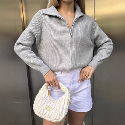 Damen Grobstrickpullover Hochkragen Reißverschluss Beige