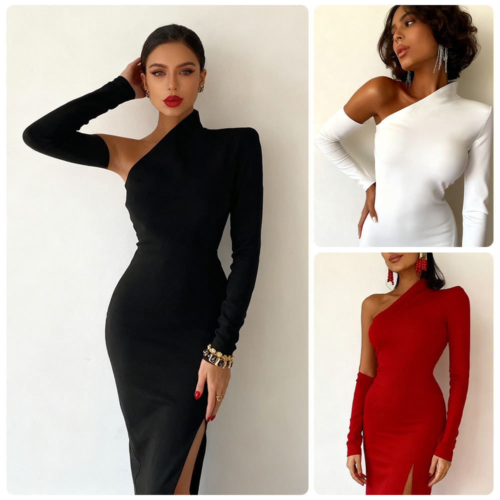 Damen Abendkleid Asymmetrisch Langarm Schwarz Eveloria - Eveloria