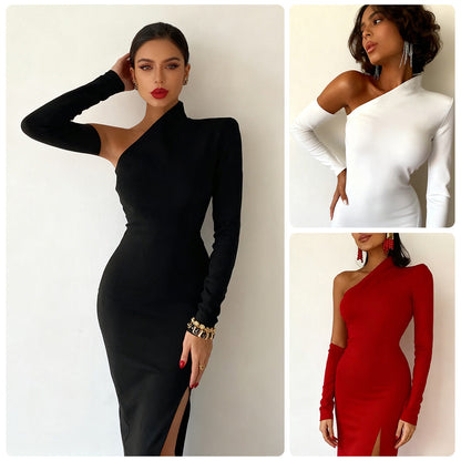 Damen Abendkleid Asymmetrisch Langarm Schwarz Eveloria - Eveloria