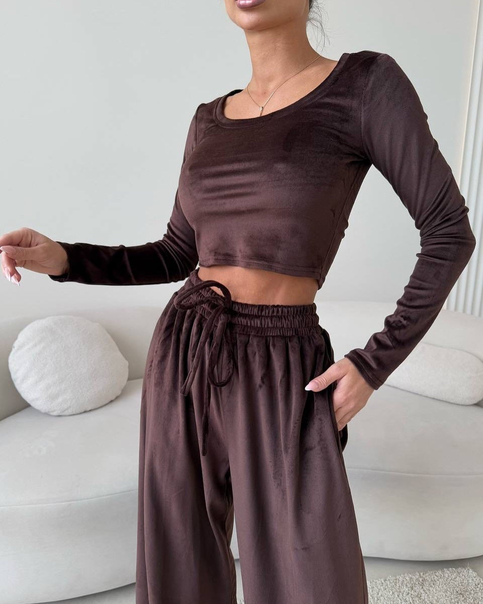 Damen Lounge-Set Cropped Oberteil Weite Hose Bequem Eveloria