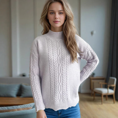 Damen Strickpullover Rundkragen Zopfmuster Eveloria