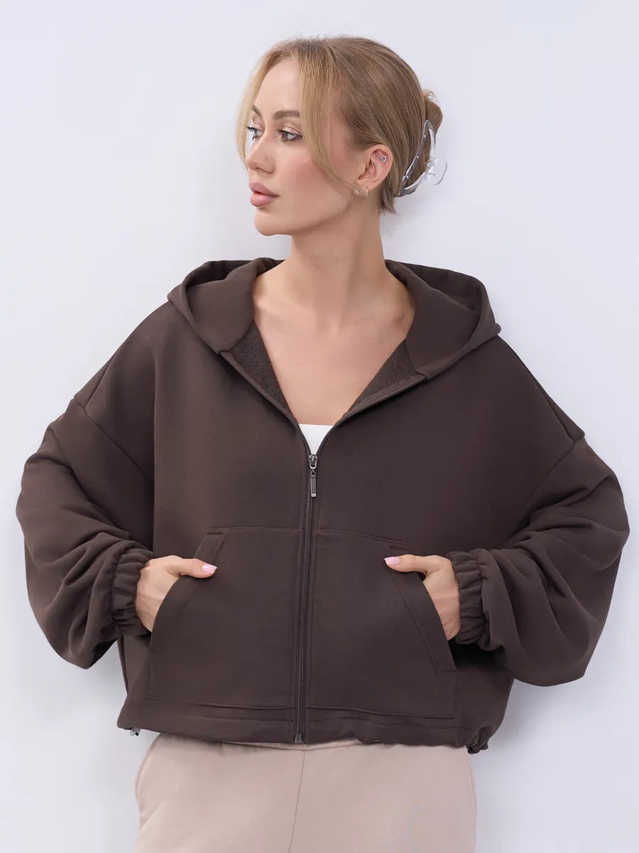 Damen Cropped Kapuzenjacke Reißverschluss Übergroße Ärmel Eveloria