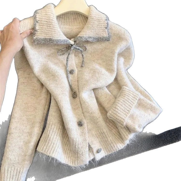 Damen Strickjacke Kuschelig Großer Kragen Knöpfe Beige