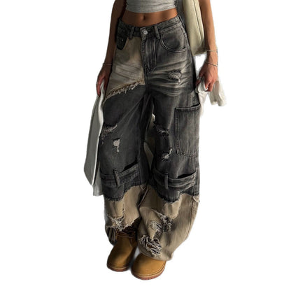 Damen Cargo-Jeans Ausgefranstes Design Tiefes Bein