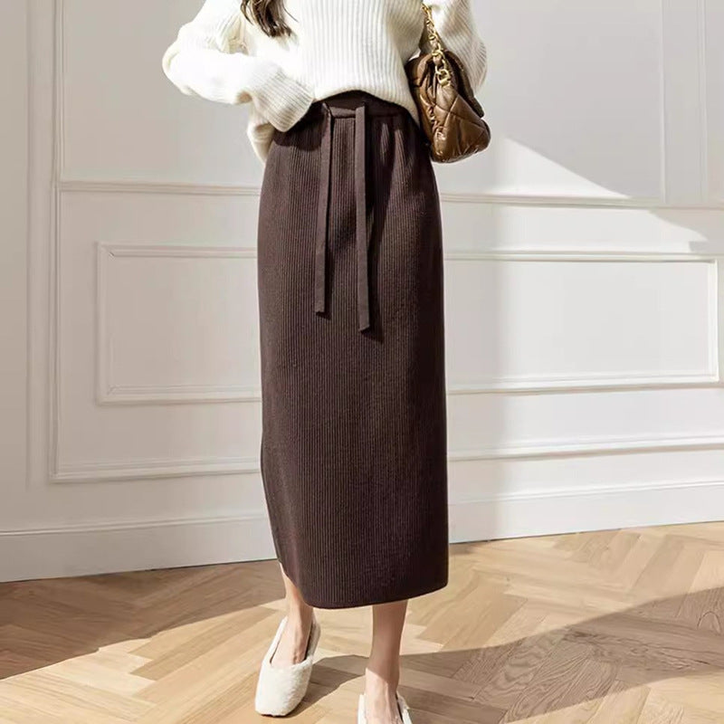 Damen Midi-Rock Elastischer Bund Taillierender Bindegürtel