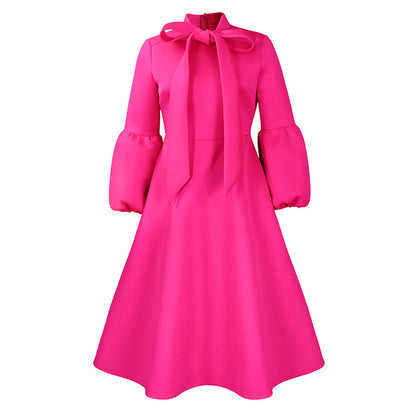 Damen Midi-Kleid Länge Knie, lange Puffärmel, elegante Schleife